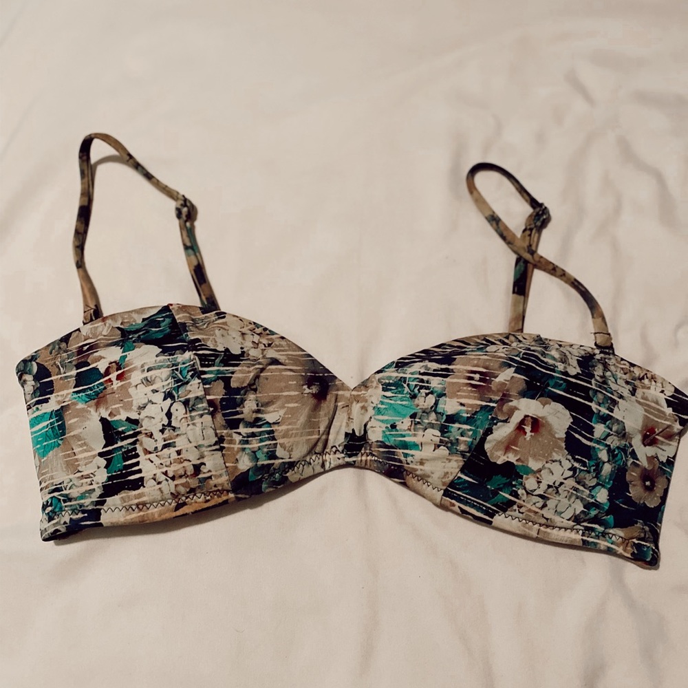 Flowered blue, green, purple bikini top